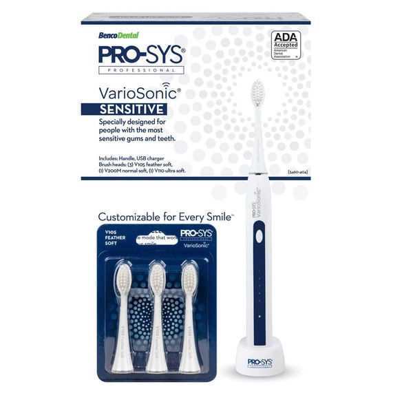 PRO-SYS VarioSonic Sensitive Teeth and Gums Rechargeable Power Electric Toothbrush, 5 Replacement Dupont Brush Heads, ADA Accepted Smart Sonic Toothbrush with Timer