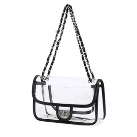 LAM GALLERY Womens PVC Clear Purse Handbag with Chain Stadium Approved Clear Bag See Through Bag for Working and Concert (Black Silver Large)