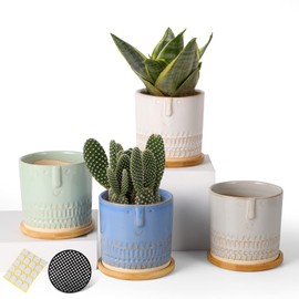 4 Inch Plant Pots with Drainage Hole and Bamboo Trays, Small Ceramic Pots, for Indoor and Outdoor Flower Planters, Snake Plant, Aloe, Succulent, Cactus and Herbs, Set of 4 (Plants Not Included)
