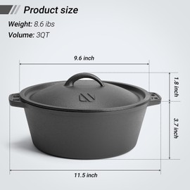 Pre-Seasoned Cast Iron Dutch Oven Pot with Lid, for Braising, Broiling, Frying, Sourdough Bread Baking, Camping Cookware, BBQ,3 Quart Pan