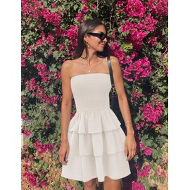 ZESICA Women's Summer Strapless Smocked Tube Dress 2025 Off Shoulder Ruffle Tiered Flowy Beach Boho Mini Sundress,White,Large