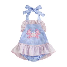 Baby Girl Crab Outfit Crawfish Embroidery Sleeveless Plaid Romper Dress Halter Ruffle Bodysuit Newborn Summer Clothes (Blue, 0-3 Months)