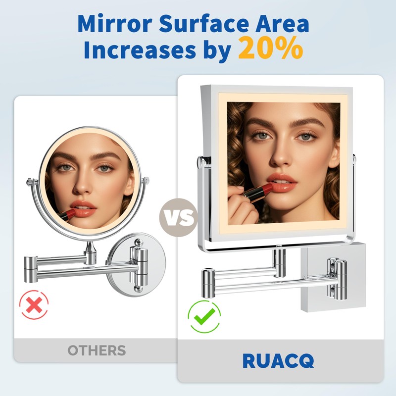 Ruacq Rechargeable Wall Mounted Makeup Mirror with Lights, Double Sided