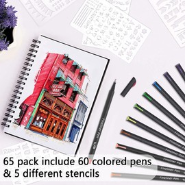 Tebik 65 Pack Planner Colored Pens, 60 Assorted Colors Drawing Pens with 5 Different Stencils, Perfect for Dotted Journal Planner Writing Note Calendar Coloring Office School Supplies
