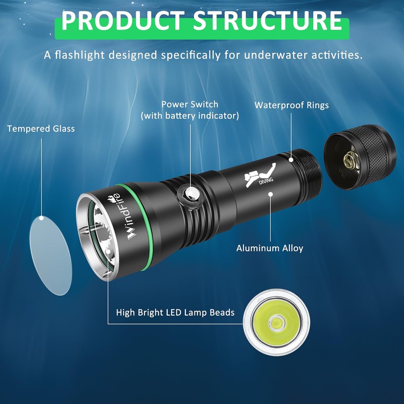 WINDFIRE Rechargeable Scuba Diving Flashlight, Super Bright LED Dive Light,