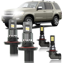 HUOKEDS for Ford Explorer 2006-2010 FOG Lights Bulbs Combo, 4pcs Super Bright White Dual Beam and Fog Lights Blubs Package, 1:1 Size as Stock Bulbs, Plug and Play