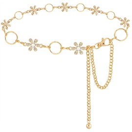 LIMHOO Metal Waist Chain for Women Rhinestone Chain Belt Crystal Waist Belt for Dress (Flower-Gold-XL)
