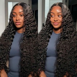Glueless Wigs Human Hair Pre Plucked Pre Cut Wear And Go Deep Wave 13x4 Lace Front Wigs Human Hair Curly Human Hair Wig 180% Density Ready To Wear Glueless Wigs Human Hair Natural Black Color 30inch