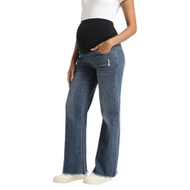 Foucome Women's Maternity Jeans Straight Leg Relaxed Fit Comfy Stretchy Trendy Pregnancy Denim Pants Vintage Blue M