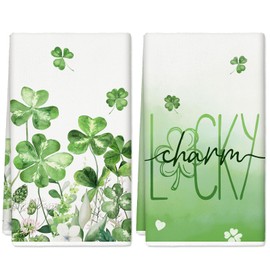 AnyDesign St. Patrick's Day Kitchen Towel Watercolor Green Shamrock Dish Towel 18 x 28 Inch Lucky Clover Hand Drying Tea Towel for Irish Holiday Cooking Baking Cleaning, Set of 2
