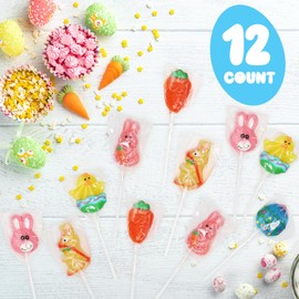 Easter Lollipops Candy Variety Pack Dye-Free - 12 Individually Wrapped Assorted Colorful Shapes Easter Suckers, With Bunny, Egg, Carrot Easter Suckers. For Basket Fillers, Gifts & Treats