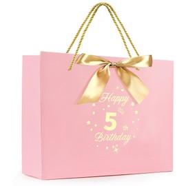 Yiran Birthday Gift Bag with Handles and Ribbon for 5 Year Old Gilrs Gift Wrapping, Happy 5th Birthday Gift Bag, Kids Baby Paper Gift Bags, Pink and Gold Party Decorations Supplies