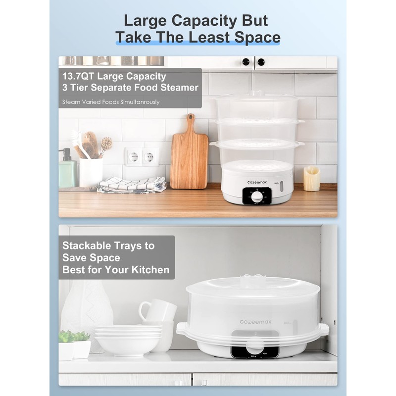 Cozeemax 3 Tier Electric Food Steamer for Cooking, 13.7QT Vegetable