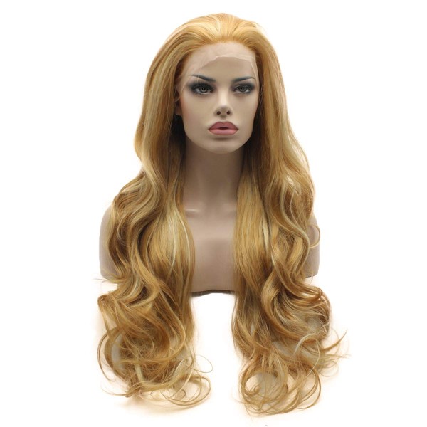 Lushy Wavy Long Honey Blonde Light Blonde Mix Wig Full Density Half Hand Tied Heat Friendly Synthetic Lace Front Wig