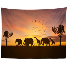 Loccor African Safari Animals Tapestry Giraffe Elephant Wild Animals Tropical African Forest Safari Sunset Scenery Tapestry Wall Hanging for Bedroom Living Room Decor 60''x50''