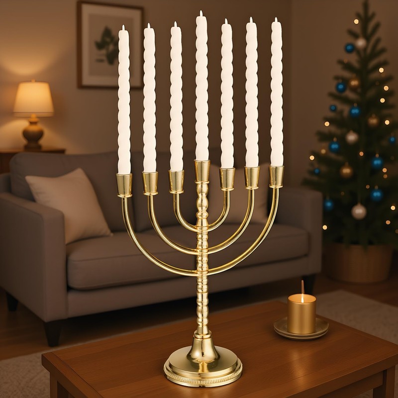 Rotatable Gold Plated Menorah 7 Branch Hanukkah Menorah Candle Holder