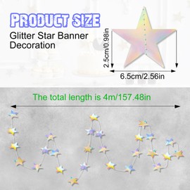 Andiker Glitter Star Banner Decoration, 30 Backdrop Reflective Sparkle Star Garland for Christmas Birthday Party, 157.48Inches Holographic Iridescent Mermaid Banner to Add Party Atmosphere（Stars）