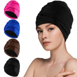 Yearntown 4 Pcs Swim Caps for Women Swimming Turban Polyester Elastic Waterproof Hat for Pool Long and Short Hair(Coffee, Rose Red, Royal Blue, Black)
