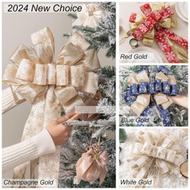 Christmas Tree Topper, 40x13 Inches Toppers Bow with Glitter Satin Mesh Streamer and Patterned Ribbon, Christmas Tree Topper Bow for Christmas Home Decoration (Blue Golden)
