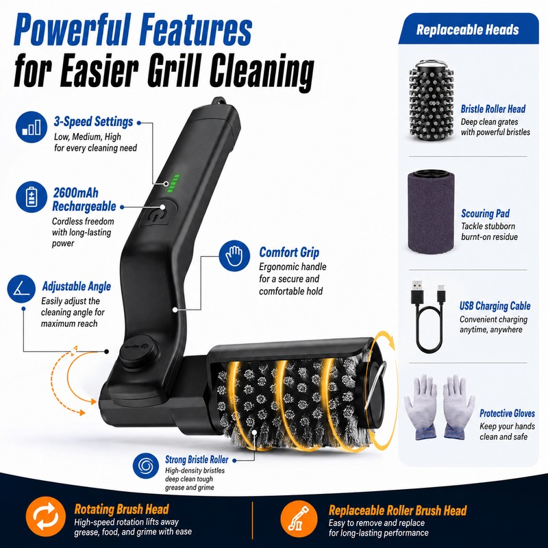 Electric BBQ Grill Brush for Easy Cleaning – Cordless 3-Speed