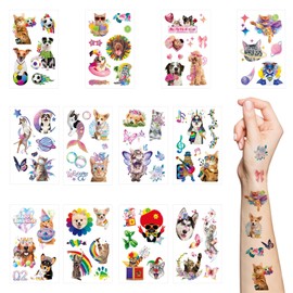 Funny Cat Puppy Temporary Tattoos,12 Sheets Pet Animal Dog Meme Waterproof Makeup Face Tattoo Sticker for Birthday Party Favors Goodie Bags Stuffers Party Fillers