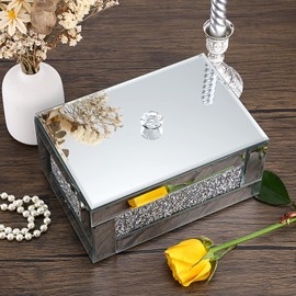 Hipiwe Glass Mirrored Jewelry Box with Crushed Diamond Decor, Trinket Organizer Box Luxury Rings Earrings Necklace Storage Keepsake Box Treasure Chest Case, Silver Large Size