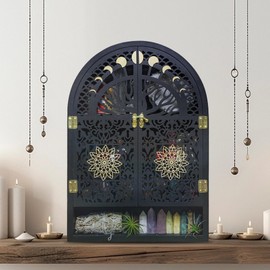 FNYDOX Large Crystal Display Shelf for Wall, Crescent Moon Phase Shelf Wall Decor, Wooden Arch Shelf, Tree of Life Crystal Holder Organizer, Cabinet for Gem Stone Rock, Spiritual Home Room Decor