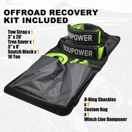 Winch Recovery Kit, Includes 20ft Tow Strap, 8ft Tree Saver, 10 Ton Snatch Block Pulley, D-Ring Shackles and Winch Line Dampener Bag, Winch Accessories Off Road 4x4 Recovery Gear Green
