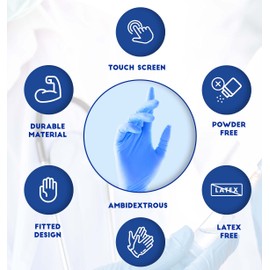 Merrimen Nitrile Gloves - BLUE | Disposable – Box of 100 | Medium Ambidextrous Nitrile Gloves | Latex & Powder Free | For Safe Hands Against Allergies