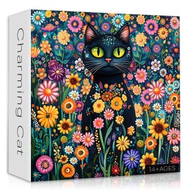 Cat Jigsaw Puzzle for Adults 1000 Pieces, Black Cat Garden Flowers Plants, Kitten Animal Themed Puzzle, Challenging for Adults Kitty