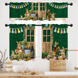 54" x 18" 26" x 36" Green Grass Wall Background Happy Easter Kitchen Curtains Tiers Bunny Bunting Flower Basket Flower Yellow Daisy Wooden Door Kids Room Window Decor Curtains Set of 3 Polyester