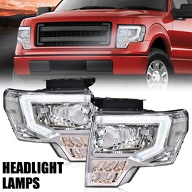PIT66 LED DRL Headlights Assembly Front Headlamp Assembly Driver & Passenger Side Compatible with Ford F150 2009-2014 Headlamps，Clear lens Chrome Housing White Reflector FO2503287 DL3Z13008B