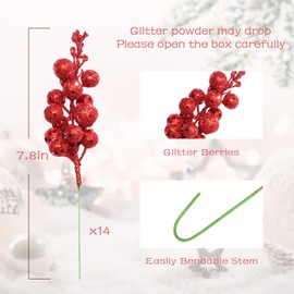 Haneye 14 Pack 7.8 Inch Christmas Red Berry Stems for Christmas Tree, Glitter Berry Picks, DIY Wreaths, Crafts, Home & Wedding Decorations