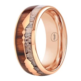 Men's Rose Gold Tungsten Carbide Wedding Band- Premium Tungsten Ring With Deer Antler, Koa Wood & Gold Arrow Inlay - Includes Silicon Band, Leather Drawstring Pouch & Luxury Walnut Ring Box(Size 12)