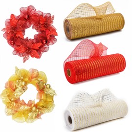 3 Rolls Christmas Metallic Mesh Ribbon Poly Mesh Ribbon Rolls for Christmas Tree Wreath Decoration Xmas Glitter Mesh Ribbon Decorative Mesh DIY Wreath Crafts Decoration
