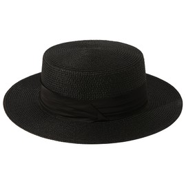 Lanzom Sun Hats for Women Wide Brim Straw Boater Hat Foldable Packable Beach Hat for Summer (Black, Medium)