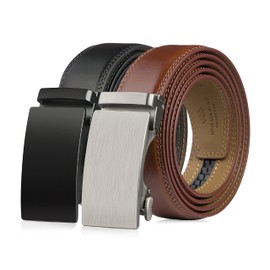 Mio Marino Mens Belt - Simple Adjustable Buckle with Genuine Leather - Modern Dress Ratchet Belts for Men - 2 Pack - Refined Matte - Deep Charcoal & Burnt Umber - Adjustable from 28" to 44" Waist