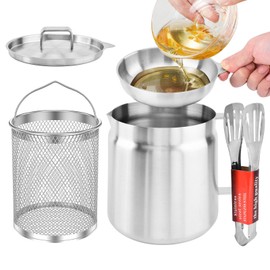 68oz/2L Stainless Steel Oil Filter Pot, Bacon Grease Container with Strainer & Deep Fryer Basket, 304 Stainless Steel Oil Container,Kitchen Mini Oil Fryer And Filter Cup Combo