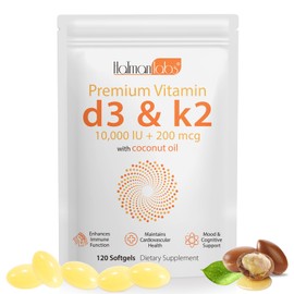 Nyloriaine Vitamin D3 K2 Softgel 120pcs with Coconut Oil Support Immune, K2 D3 Vitamin Supplement Fast Absorption, D3 K2 Vitamin 10000IU, Promotes Healthy Bones, Non-GMO