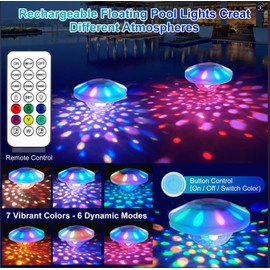 TEPENAR Floating Pool Lights with Remote: (4 Pack) Pool Light with 6 Dynamic Lighting Effects Rechargeable RGB Color Changing Pool Float Lights for Pond Bathtub Hot Tub Garden Party