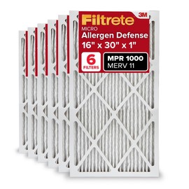 Filtrete 16x30x1 AC Furnace Air Filter, MERV 11, MPR 1000, Micro Allergen Defense, 3-Month Pleated 1-Inch Electrostatic Air Cleaning Filter, 6 Pack (Actual Size 15.81x29.81x0.81 in)