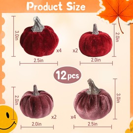 Lcuasc 12pcs Small Velvet Fake Pumpkins Fall Harvest Fabric Foam Pumpkin Thanksgiving Autumn Decor for Table Centerpiece Party Farmhouse (Dark Red/Mulberry)
