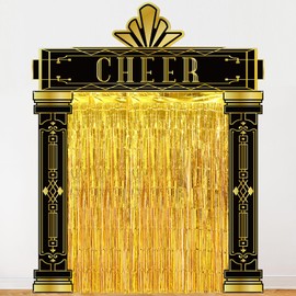 Tingjoo 6 Pcs Roaring 20s Party Decorations Set Black and Gold Door Cover Banner with Gold Tinsel Fringe Curtain Backdrop 1920s Birthday Speakeasy Awards Night Vintage Jazz Flapper Wedding Supplies