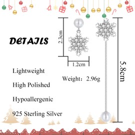 Hasnsofie Silver Christmas Earrings Hanging, 925 Sterling Silver Snowflake Stud Earrings for Women, Hypoallergenic Long Tassel Drop Earrings with Zirconia, Dangle Earrings for Christmas Day, Cubic