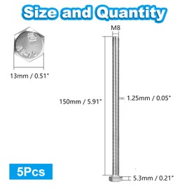 Yinpecly 5 Pcs M8 Hex Bolts M8-1.25 x 150mm Hex Head Screw Bolt 304 Stainless Steel M8-1.25mm Hexagon Bolts Hex Head Screws, Metric Machine Fully Thread, Bright Finish