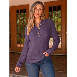 ANRABESS Womens Long Sleeve Shirts Henley V Neck Tops Dressy Casual Ribbed Knit Loose Comfy Tunic Sweaters with Pocket Purple XX-Large