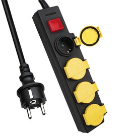 EXTRASTAR 4-Way Outdoor Power Strip with Switch, Schuko Sockets, 16 A/230 V, Max. 3500 W, Power Saving Multiple Socket with Child Protection, IP44 Waterproof, 2 m Cable, Black