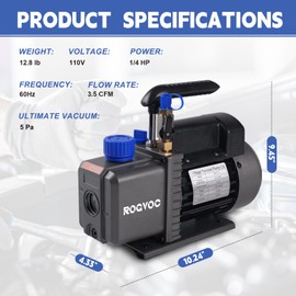 Rogvoc 3.5 CFM AC Vacuum Pump and Manifold Gauge Set, 110V 1/4 HP Single Stage Rotary Vane Air Vacuum Pump HVAC for R12, R22, R410a, R134a AC Refrigerant Recharging with Carry Bag