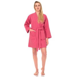 TowelSelections Women’s Short Spa Robe Waffle Weave Kimono Bathrobe Small Fruit Dove