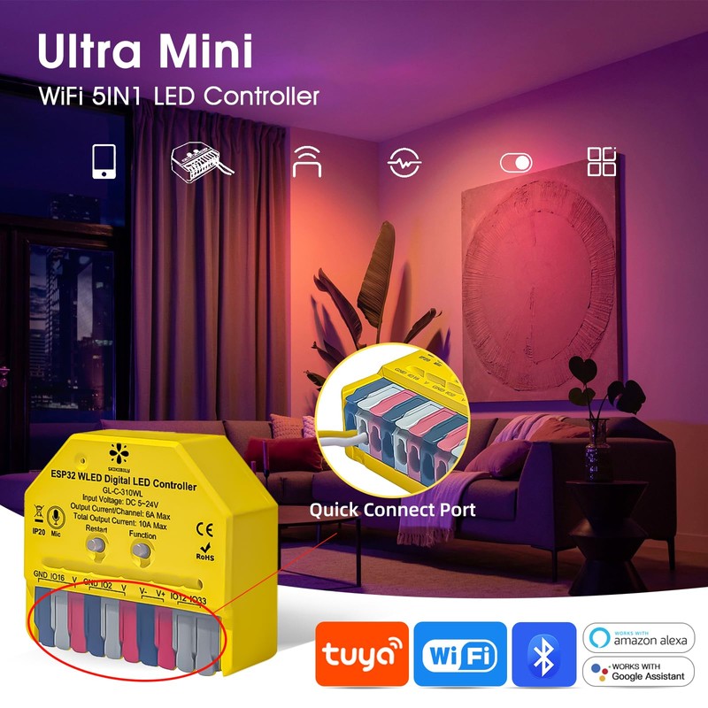 Compact Mini WLED Controller With Mic,DC 5~24V Addressable Led Controller